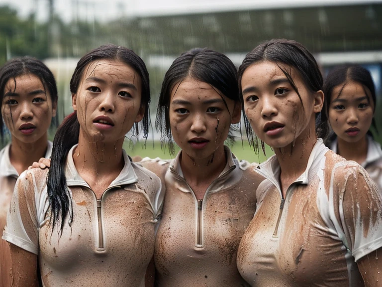 (A dirty field hockey uniform with plain white short sleeves and a very tight white half zip:1.7)、(A large, dirt-stained, white, square collar: 1.6)、(Red clay ground:1.5)、My hair is wet and messy、(Beautiful Japanese woman covered in dirt:1.8)、Highest quality, masterpiece, Ultra-high resolution, Photorealistic, Raw Photos,Detailed face,(Muscular woman:1.4), (Fastener open: 1.8), (Upper body zoom up:1.0),(Everyone wears the same clothes:1.0), All members are super beauties, (A group of beautiful Japanese women standing quietly in a close-knit group: 1.7), (Hair tied up: 1.4), (Expressionless:2.0), Bright photo, (My whole body is drenched in rain: 1.8), (Covered in mud and earth: 1.3)
