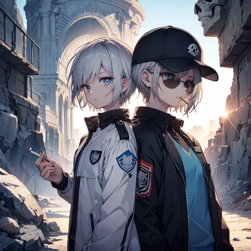 (((Smoke a cigarette Wear sunglasses Security Officer Wear a hat 1 person))) (((Gray Hair Short Hair blue eyes girl))),((noon wilderness In the middle of the desert)),(Shining Sun Rolling Skull), Shining Background Shining Edge