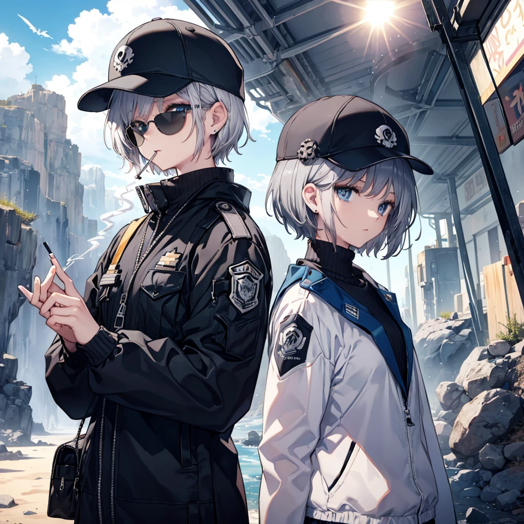 (((Smoke a cigarette　Wear sunglasses　Security Officer　Wear a hat　1 person)))　(((Gray Hair　Short Hair　blue eyes　girl)))，((noon　wilderness　In the middle of the desert))，(Shining Sun　Rolling Skull)，　Shining Background　Shining Edge