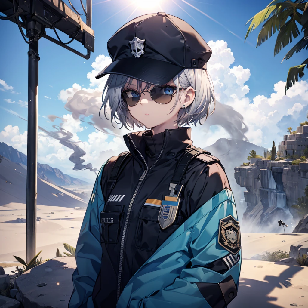 (((Smoke a cigarette Wear sunglasses Security Officer Wear a hat 1 person))) (((Gray Hair Short Hair blue eyes girl))),((noon wilderness In the middle of the desert)),(Shining Sun Rolling Skull), Shining Background Shining Edge