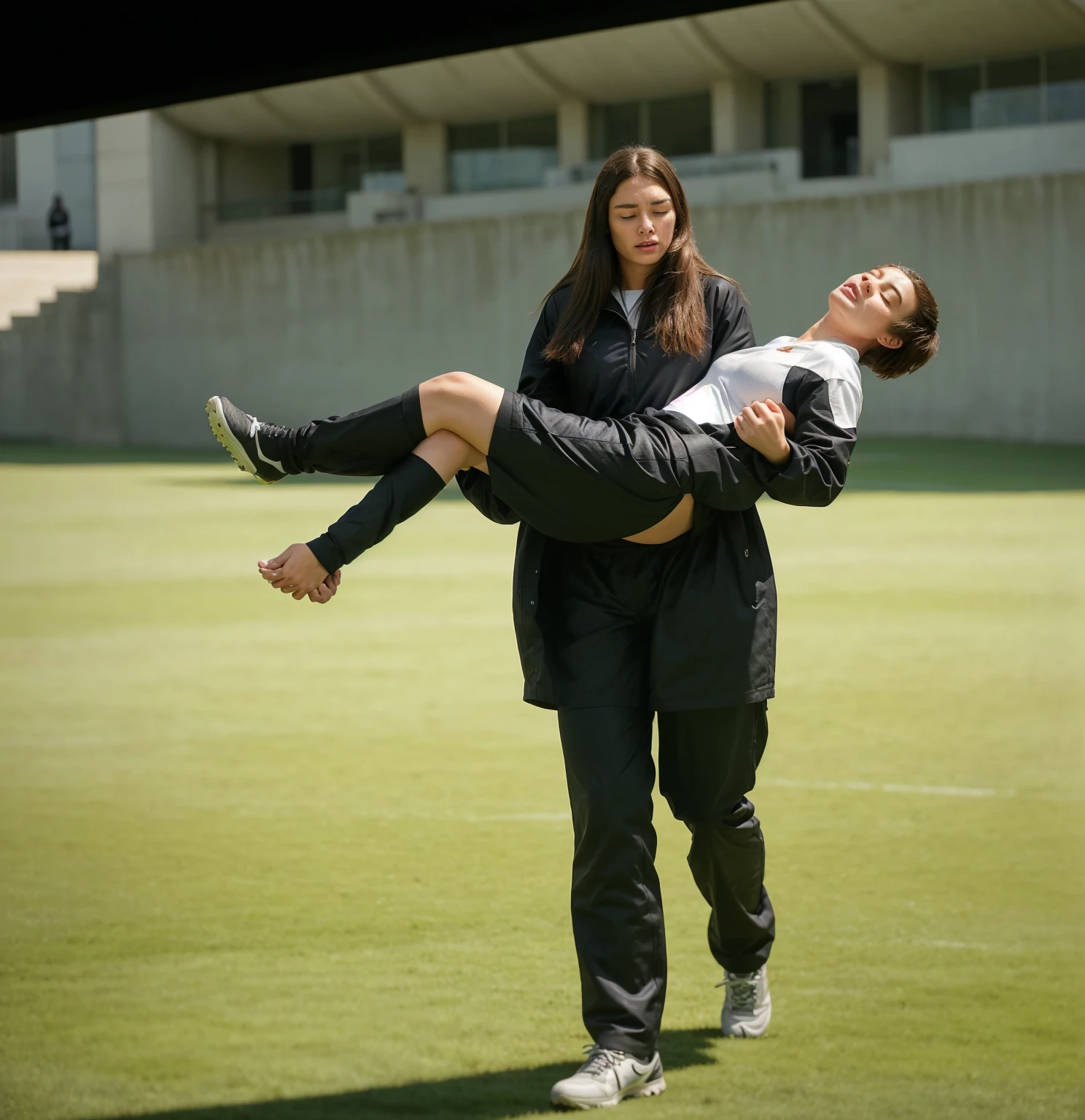 soccer action pose, cradle-carry-pose, Erste help in einem Sportstadion, affection pose, lecherous action pose, dramatic action pose, theatralic pose, There is an attractive long-haired woman, a wounded athlete in her arms, There is a beautiful long-haired woman in a shiny black outfit, who carries a short-haired young footballer in her arms, a long-haired beautiful woman in a high-gloss black down coat, a long-haired woman in a shiny black coat, A woman wears a short-haired man, Wearing a matte cotton sports outfit, a weak man in matte cotton sports shorts is consciousless and needs to be carried, A short-haired man with closed eyes is carried by a long-haired woman, a woman looks very scared and terrified, a consciousless man with closed eyes is suffering very much and has a very painful face, photoshot, photoshotshooting, photographed , accident, help, aid, Erste help, pity