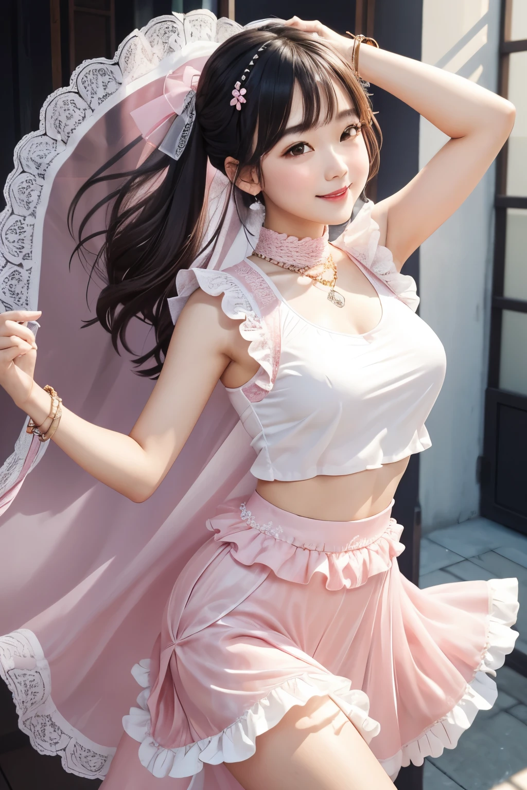 Masterpiece, top quality, very detailed), ultra-realistic photo. (Photorealistic: 1.2), (sharp focus), 1 woman, (very sexy body), (perfect proportions), (pink color) short bob, thick and fluffy bangs), (very detailed and perfect face), perfect makeup, beautiful eyes that shine like jewels, detailed and even eyes, big eyes, huge breasts, ((very decorative and Elaborate mechanical steampunk fashion, lace flare miniskirt, visible butt, above-the-knee lace stockings, lace off-shoulder lolita fashion, overly decorative fashion)), abandoned night, urban tree-lined street, dancing Dancing, ((raising arms, showing armpits)),