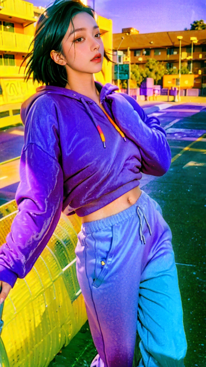 8K, 1girl, beautiful, black bob hairstlye, ((wear orange oversized_hoodie)),((purple sweatpants)), Evening light，Bridgeside，Taking a walk，(purple slacks), look at viewer, (((80's architecture colorful motel))) ,perfect beautiful face,perfect nose,perfect eyes, perfect lips kodak gold 200 fisheye-8mmlens-v2exp ,25 yo cute korean, ((busty perfect body)) perfect face, 35mm film,palm trees, blue sky, sunny summer, los angles vibes (photorealistic:1.2), (ultra realistic:1.3), (very detailed:1.1), ((masterpiece)),