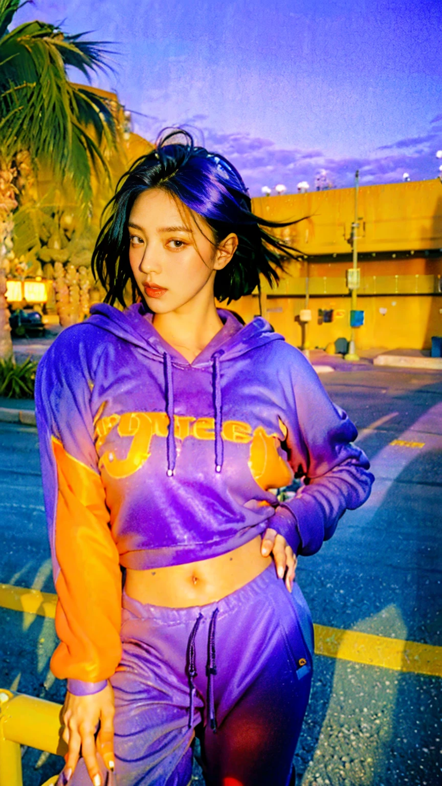 8K, 1girl, beautiful, black bob hairstlye, ((wear orange oversized_hoodie)),((purple sweatpants)), Evening light,Bridgeside,Taking a walk,(purple slacks), look at viewer, (((80's architecture colorful motel))) ,perfect beautiful face,perfect nose,perfect eyes, perfect lips kodak gold 200 fisheye-8mmlens-v2exp ,25 yo cute korean, ((busty perfect body)) perfect face, 35mm film,palm trees, blue sky, sunny summer, los angles vibes (photorealistic:1.2), (ultra realistic:1.3), (very detailed:1.1), ((masterpiece)),