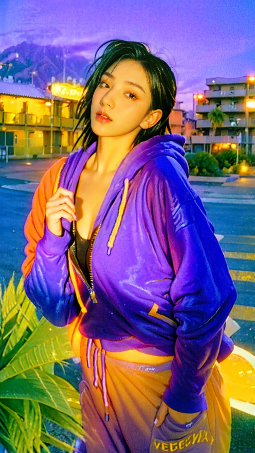 8K, 1girl, beautiful, black bob hairstlye, ((wear orange oversized_hoodie)),((purple sweatpants)), Evening light，Bridgeside，Taking a walk，(purple slacks), look at viewer, (((80's architecture colorful motel))) ,perfect beautiful face,perfect nose,perfect eyes, perfect lips kodak gold 200 fisheye-8mmlens-v2exp ,25 yo cute korean, ((busty perfect body)) perfect face, 35mm film,palm trees, blue sky, sunny summer, los angles vibes (photorealistic:1.2), (ultra realistic:1.3), (very detailed:1.1), ((masterpiece)),