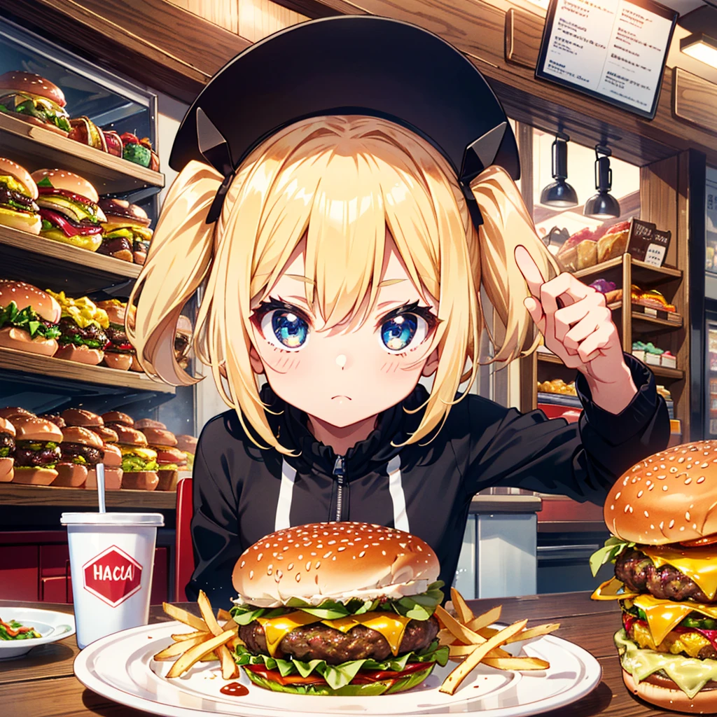 Ultra-definition, ultra-high resolution, 64k, masterpiece, highest quality, beautiful eyes in every detail, high-resolution background, bright and beautiful atmosphere, 3 girls (2 years old, 1 short-tempered round face), Chibi (1 child) ( hair)), surface effect), color effect), small breasts, blonde hair, hamburger shop, a pile of hamburgers, a large amount of fries on a plate, a girl eating a hamburger on a desk, a mini pig eating food on a desk deltamon_sdXL:0.73) >Deltamon Negative Prompt