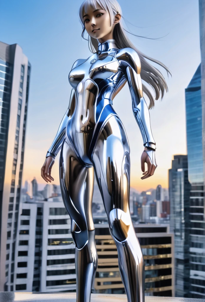 1girl, solo, anime style, 4k quality, masterpiece, best quality, sword art online, , ****, yui, long hair, blunt bangs, white hair, very long hair, high ponytail, pointy ears, elf, barefoot, ultrawoman, robot, colored skin, glowing eyes, yellow eyes, flat chest, giantess, giant, metallic face, metallic skin, shiny skin, chrome skin, gem on chest, colour timer on chest, chest jewel, blue jewel, muscular, abs, Female Bodybuilding Style, beam, tokusatsu,  ultra beam, thick thighs, looking at viewer, full body, smile, closed mouth, standing, giantess, outdoor, city, citycape, skyscraper