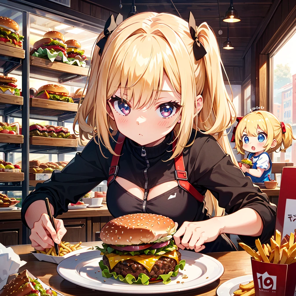 Ultra-definition, ultra-high resolution, 64k, masterpiece, highest quality, beautiful eyes in every detail, high-resolution background, bright and beautiful atmosphere, 3 girls (2 years old, 1 short-tempered round face), Chibi (1 child) ( hair)), surface effect), color effect), small breasts, blonde hair, hamburger shop, a pile of hamburgers, a large amount of fries on a plate, a girl eating a hamburger on a desk, a mini pig eating food on a desk deltamon_sdXL:0.73) >Deltamon Negative Prompt
