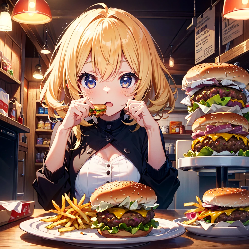 Ultra-definition, ultra-high resolution, 64k, masterpiece, highest quality, beautiful eyes in every detail, high-resolution background, bright and beautiful atmosphere, 3 girls (2 years old, 1 short-tempered round face), Chibi (1 child) ( hair)), surface effect), color effect), small breasts, blonde hair, hamburger shop, a pile of hamburgers, a large amount of fries on a plate, a girl eating a hamburger on a desk, a mini pig eating food on a desk deltamon_sdXL:0.73) >Deltamon Negative Prompt