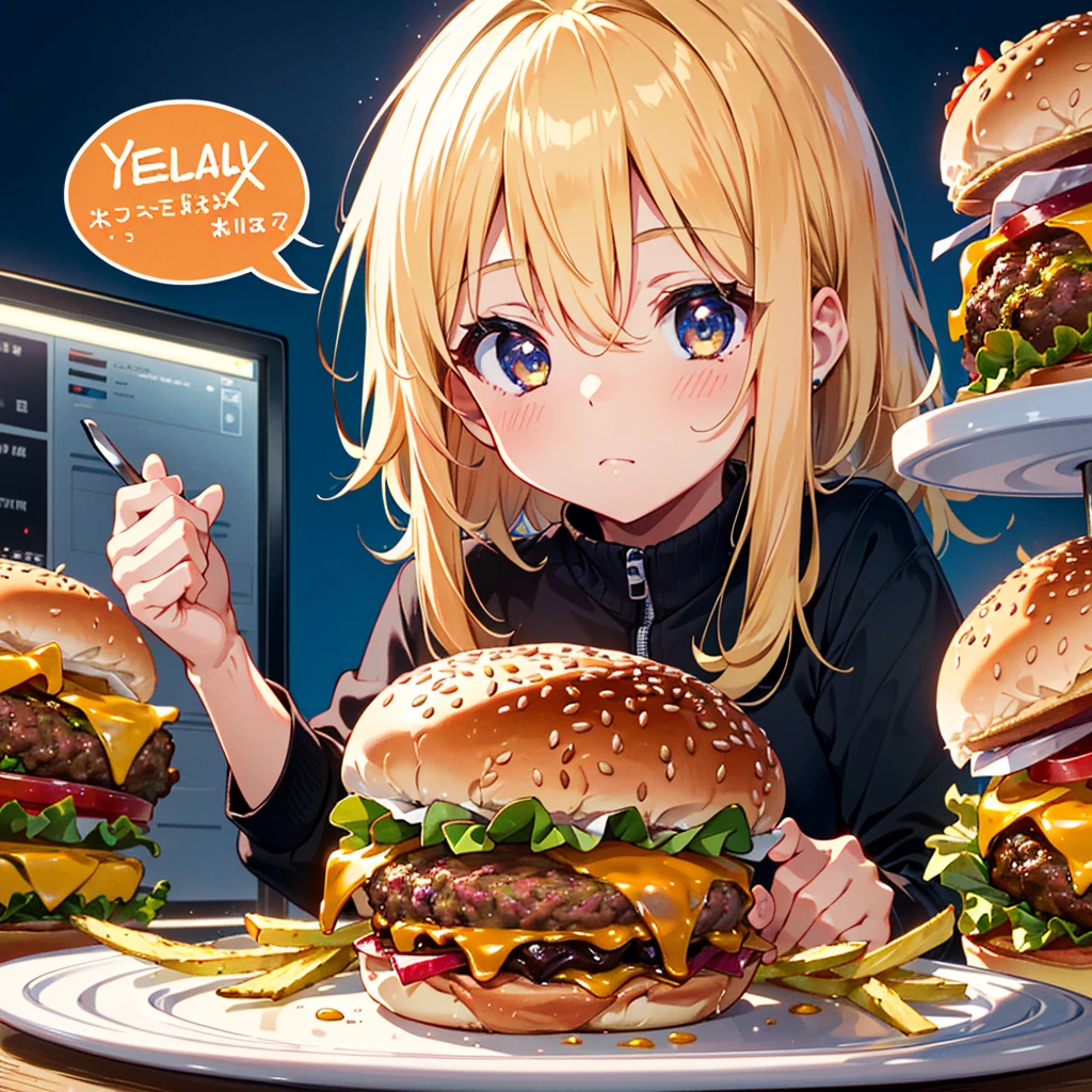Ultra-definition, ultra-high resolution, 64k, masterpiece, highest quality, beautiful eyes in every detail, high-resolution background, bright and beautiful atmosphere, 3 girls (2 years old, 1 short-tempered round face), Chibi (1 child) ( hair)), surface effect), color effect), small breasts, blonde hair, hamburger shop, a pile of hamburgers, a large amount of fries on a plate, a girl eating a hamburger on a desk, a mini pig eating food on a desk deltamon_sdXL:0.73) >Deltamon Negative Prompt