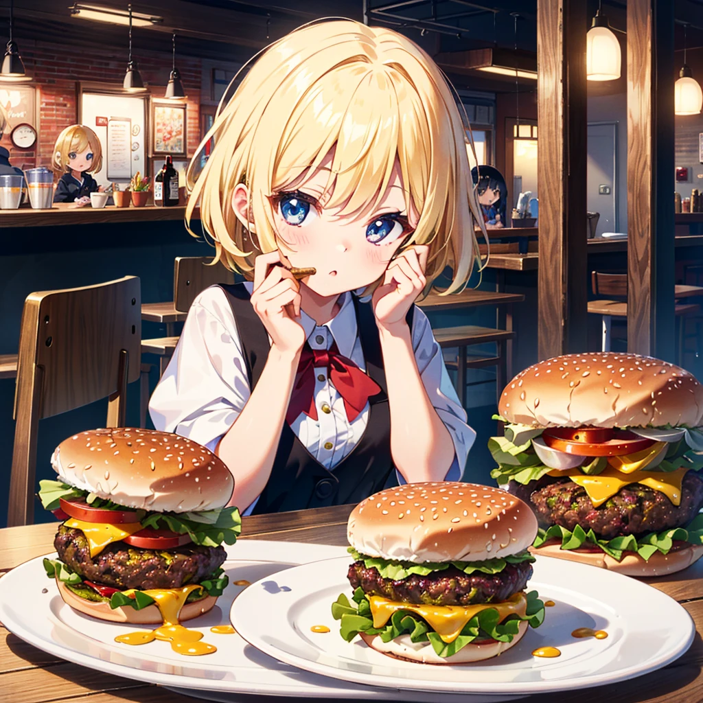 Ultra-definition, ultra-high resolution, 64k, masterpiece, highest quality, beautiful eyes in every detail, high-resolution background, bright and beautiful atmosphere, 3 girls (2 , 1 short-tempered round face), Chibi (1 child) ( ), surface effect), color effect), small breasts, blonde hair, hamburger shop, a pile of hamburgers, a large amount of fries on a plate, a girl eating a hamburger on a desk, a mini pig eating food on a desk deltamon_sdXL:0.73) >Deltamon Negative Prompt