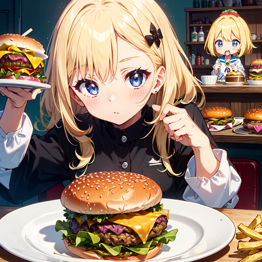 Ultra-definition, ultra-high resolution, 64k, masterpiece, highest quality, beautiful eyes in every detail, high-resolution background, bright and beautiful atmosphere, 3 girls (2 years old, 1 short-tempered round face), Chibi (1 child) ( hair)), surface effect), color effect), small breasts, blonde hair, hamburger shop, a pile of hamburgers, a large amount of fries on a plate, a girl eating a hamburger on a desk, a mini pig eating food on a desk deltamon_sdXL:0.73) >Deltamon Negative Prompt
