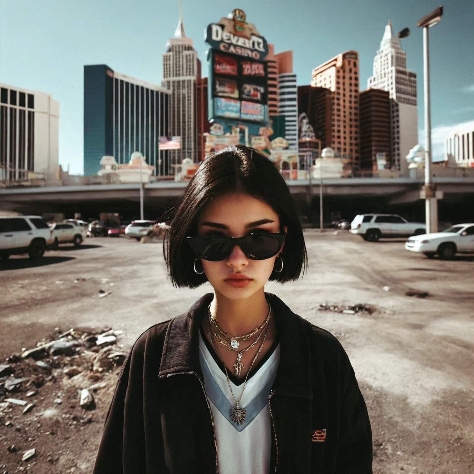 centered, 1girl, 18 yo, black hair, Las Vegas, standing, looking at the viewer, hip hop clothing, sunglasses, low-angle photo from below, shot on Afga Vita 400, natural lighting, city photograph, abandoned casino, big neon signs, heat, desert