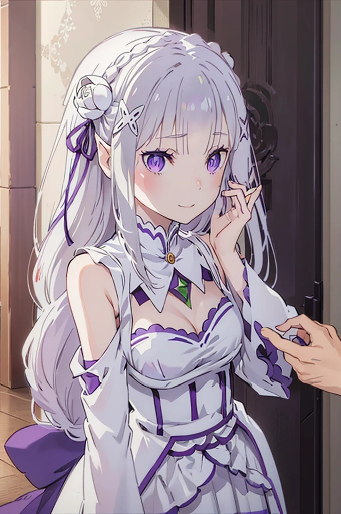 emilia, 
Rezero emilia, 
1girl, 
best illustration, masterpiece, best quality, (anime screencap:0.8), (official art:0.7), detailed beautiful face and eyes, nice hands, perfect hands, BREAK long hair, low-tied long hair, braid, crown braid, animate, anime keyvisual, super fine illustration, perfect anatomy, 
white hair, (detail focus hand:1.2), 
(purple eyes:1.2), (beautiful detailed eyes:1.6),
looking at viewer, 
pointy ears,
BREAK smile, 
dress, pink dress, BREAK bare shoulders, detached collar, long sleeves, shoulder cutout, wide sleeves, white sleeves, 
medium breasts, 
zettai ryouiki, 
flower, hair flower, hair ornament, hair ribbon,   white flower, x hair ornament,
cowboy shot ,
perfect lighting,
background of indoor, 