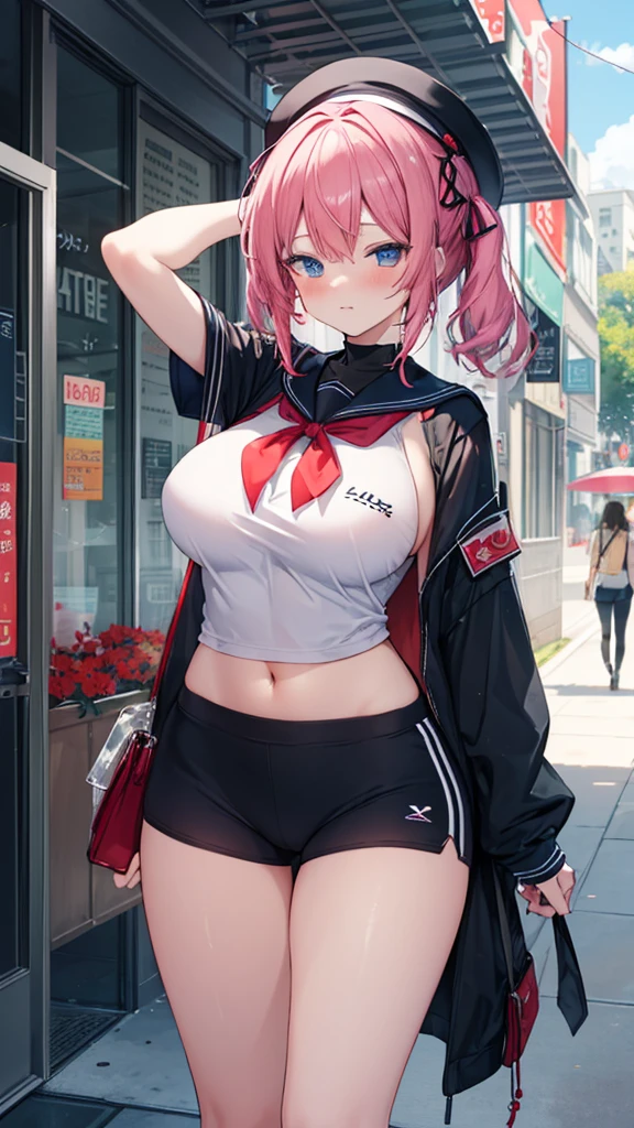 masterpiece、highest quality、Very detailed、Photograph the upper body、1 female、(Put your arms behind your back:1.2)、Are standing、Turn your body forward、View your viewers、(Race Queen、Blue jacket、mini skirt)、blush、shy、Pink Hair、Open your mouth、circuit、、