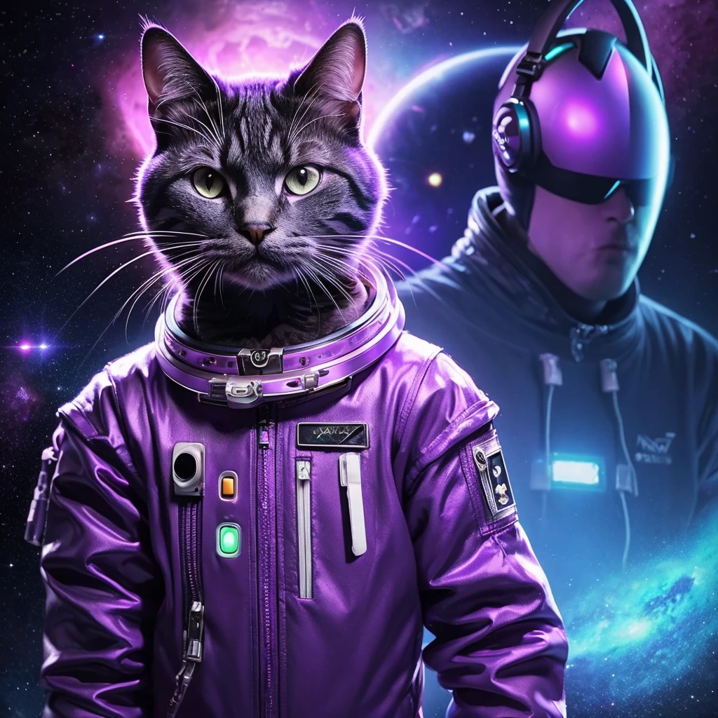 purple Cat wearing headphones and a purple space suit, space Cat, astronaut Cat, purple Cat, Just a joke, Cat from the void, Cat in space, cyberCat, cyberpunk Cat, Masterpiece Epic Retrowave Art, Synthwave Art, Synthwave Art style ]!!, astronaut, Cat. Digital Painting, Synthwave Art style, cyborg Cat