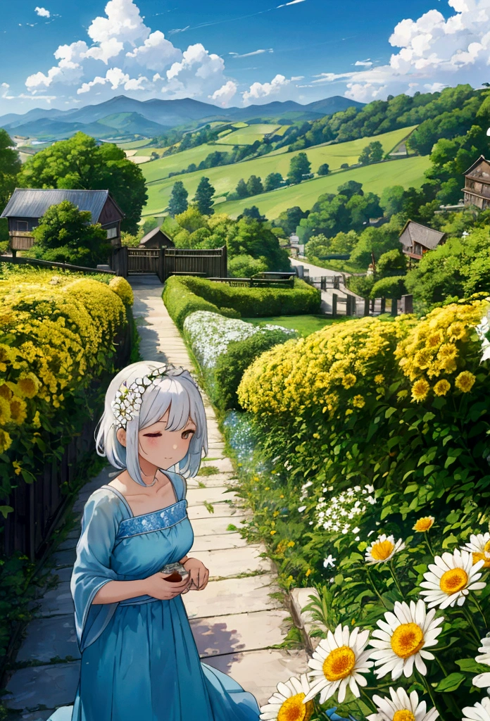 Beneath the eastern fence, a person leisurely picked chrysanthemums, their expression serene and content. The chrysanthemums beside the fence were in full bloom, vibrant in color, and gently perfuming the air. In the distance, the southern mountains undulated, their green peaks standing out vividly against the blue sky and white clouds. A gentle breeze brought a refreshing coolness, and the entire scene was peaceful and harmonious, as if time had momentarily stood still, portraying a poetic and idyllic countryside landscape.