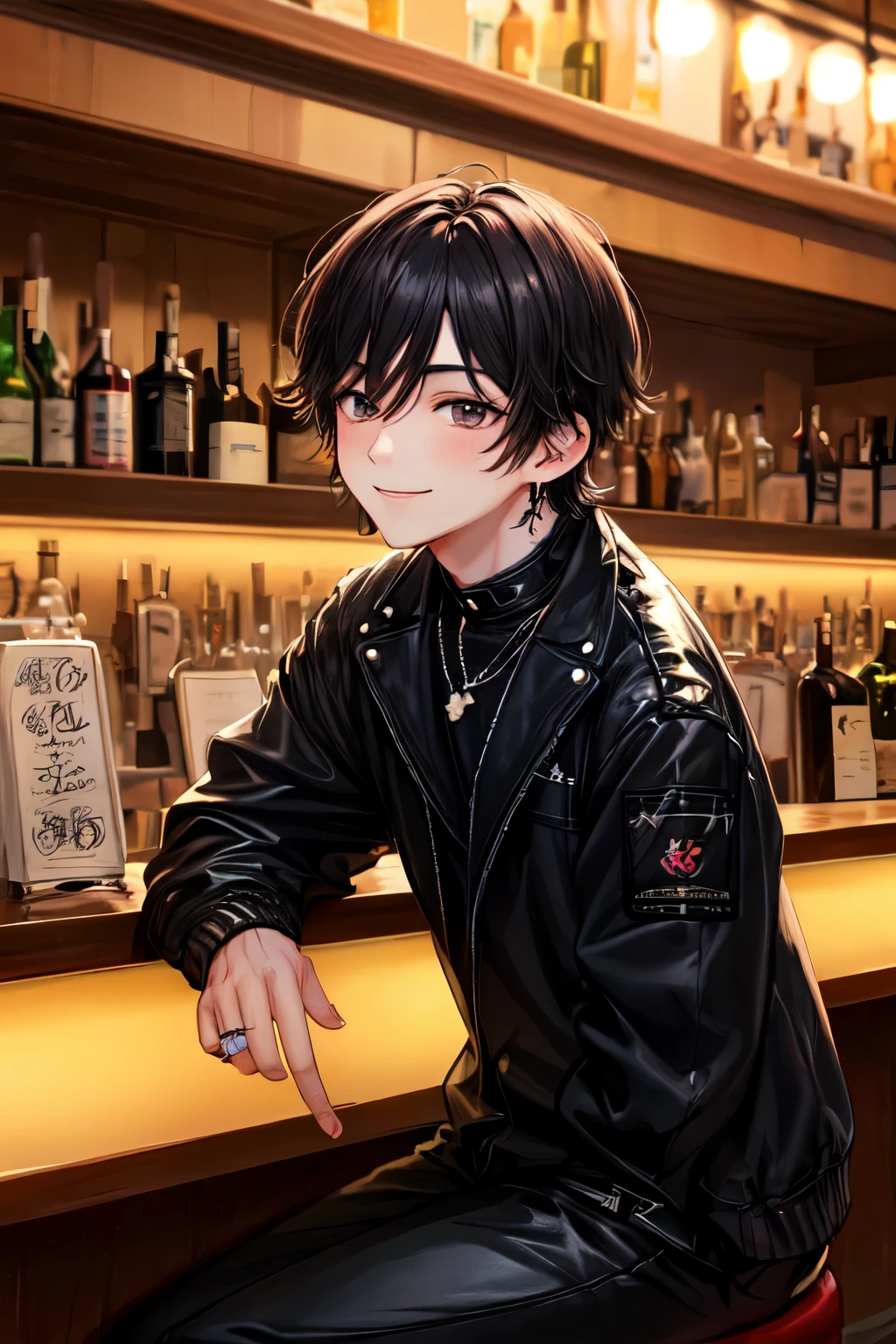 ((best quality)), ((masterpiece)), (detailed),((Delicate face)),(well drawn illustration),(night),(The perspective is correct),(solo),(1 Boy),(((boy))),(Male high school student),((male)),ager, Black short hair,Black eyes,Japanese boys short hair,((black oversized cropped jacket)),rivet,Black long Martin boots,(black pants),black shocker,jirai kei,necklace,ring,Black stud earrings,Smile,Side-parted bangs,pub,drunken,sideways,(pub),(nignt club),Neon,(sitting on a pub stool),(leaning by a pub counter),Short coat with puffy sleeves,Puffy sleeves,Tightened neckline,((very dim light)),Soft movements,cinematic lighting,deep purple theme,((dark)),(softlightontheface),(Soft expression),light blush,shy smile