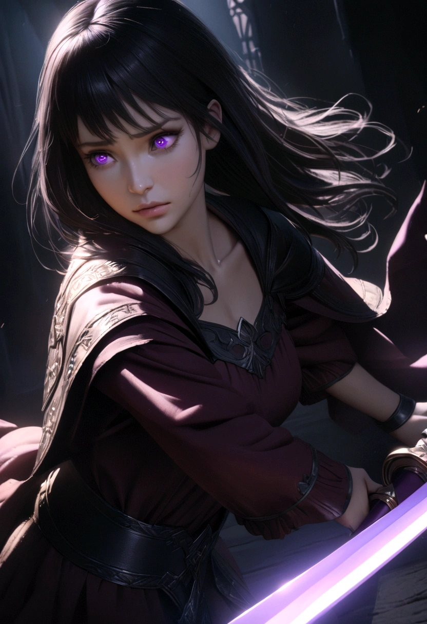 a woman with black hair and white streaks, sad face, holding a large purple sword, detailed eyes, detailed sword, cinematic lighting, masterpiece, 8k, photorealistic, dramatic lighting, moody atmosphere, high fantasy, dramatic pose