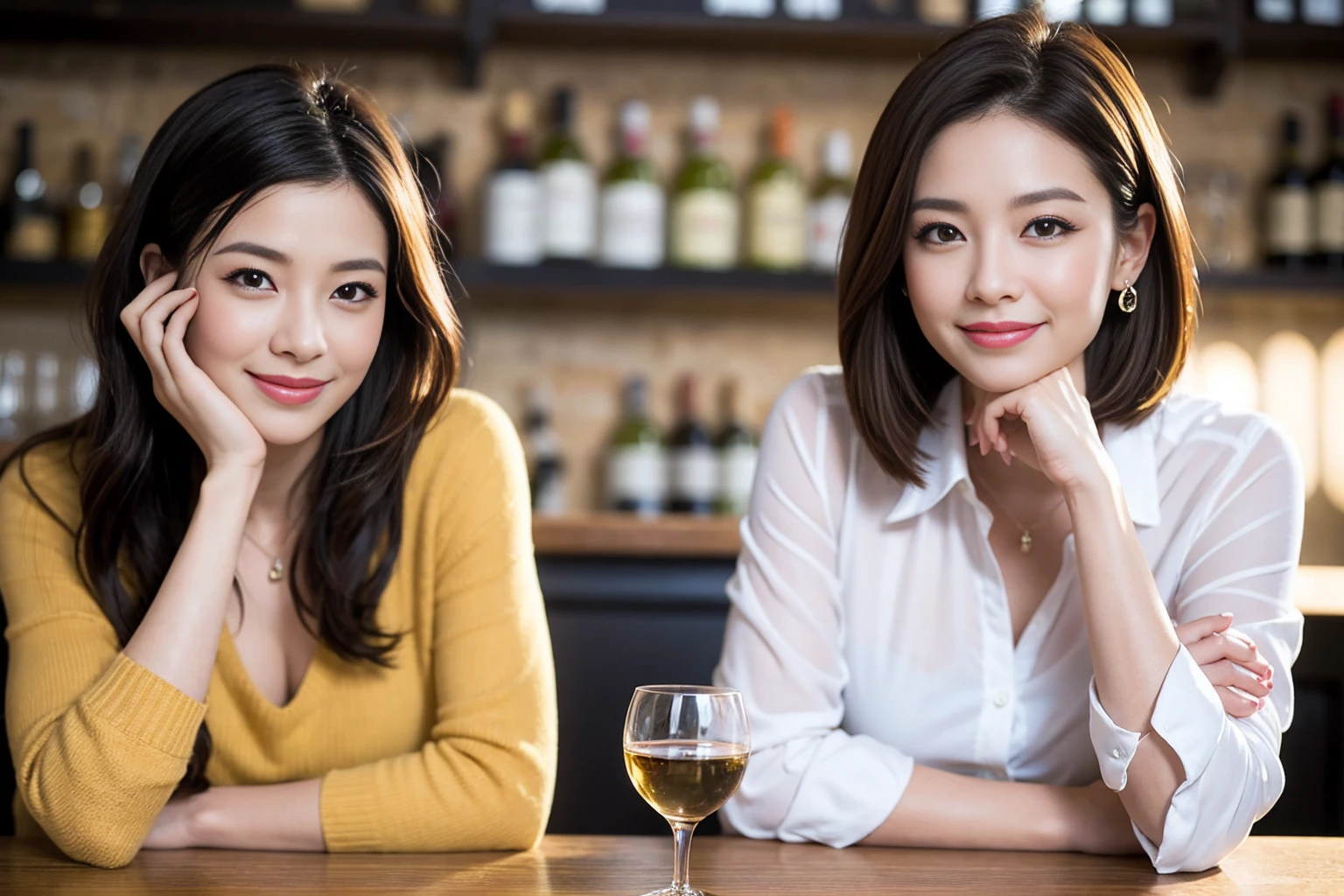 ((Highest quality、8K、masterpiece:1.3))、1 male、1 female、石原さとみ似美女Couple、spouse、Couple、The body is slim、((Bob Hale、Straight hair:1.2)), (Realistic, Intricate details:1.2), テーブルの上のwine glass、Put the light on your face、 Amazing view of the sunset sky and clouds、Amazing mountain views、A bright smile、The wonderfulness of smile、Bright image、The beauty of wine, Beautiful Face, blue eyes, The light shines on your face, Blushing, short hair,Bright Face、 (7), "41 years old, red wine 、Appetizers、Italian food、Wine bottle、Champagne、sparkling wine、Two beauties、Brown Hair、Shortcuts、Long sleeve shirt、dress、Beautiful woman 1, (slimな顔), (The body is slim), (Brown Hair), (Shortcuts), cheeks turn a little red,Attractive beauty、restaurant, In a prominent place (From the waist up) Nova Frog Style, actress, model, Upper Body, White wine, slim, wine glass, 中央に置かれたwine glass, smile, (smile: 1.15), Beautiful fine grain, Depth f/2,saturation, High Contrast, Strong light and shadow,Moist Body:1.5、3D texture、Delicate eyes、Brown Hair、The hair is very shiny、
