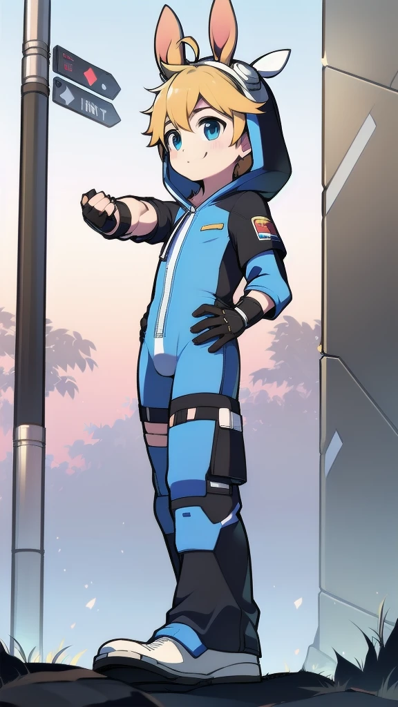 ((A young boy))，(Youthful feeling)，One-piece mountaineering suit，Slender figure,Healthy limbs，Goggles，Fingerless gloves，Cotton socks，Short sleeve，stand up，Smile，Rabbit ears，Rabbit Tail，hood