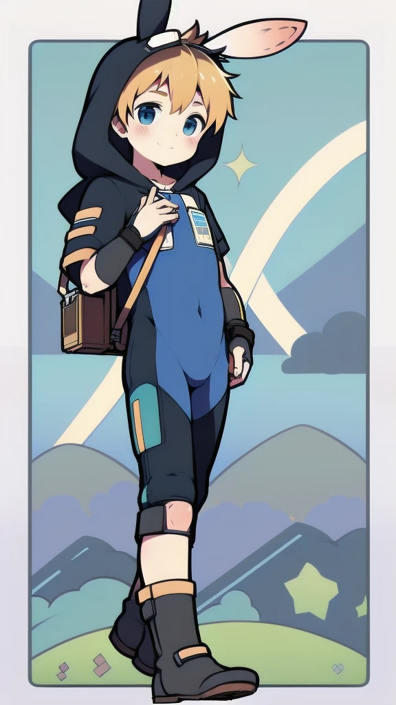 ((A boy)),(Youthful feeling),One-piece mountaineering suit,Slender figure,Healthy limbs,Goggles,Fingerless gloves,Cotton socks,Short sleeve,stand up,Smile,Rabbit ears,Rabbit Tail,hood