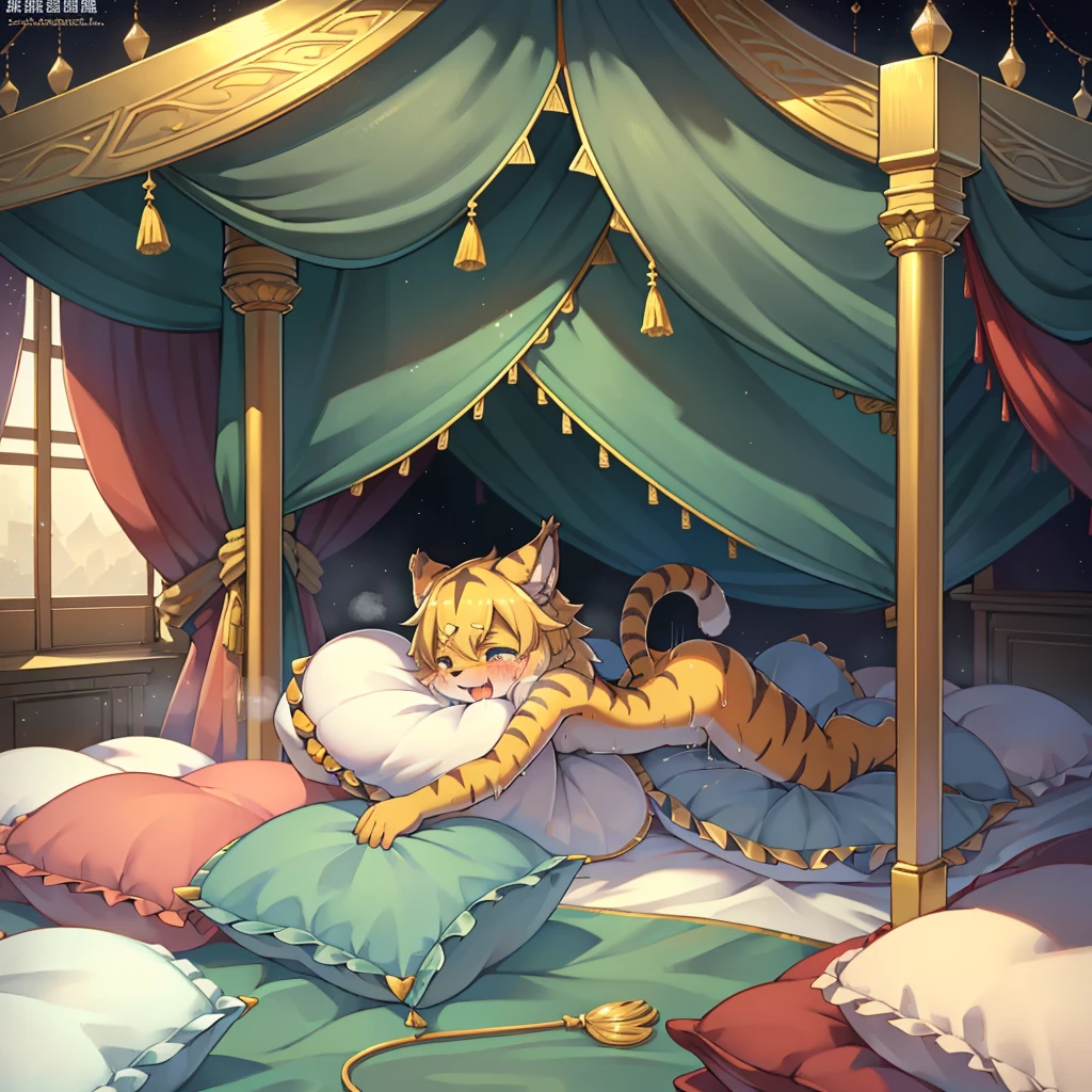 (masterpiece,best quality),my own, The Beast, , (适合任何Pillow背景的光影)), 穿着pajamas可爱女孩在Pillow上摆姿势 ,pajamas,Nature,, (blush),a smile,Pillow头,(很多Pillow),Soft cushion,(canopy bed),Soft pillow quotation,(Pillow损坏),很多Pillow,(Crotch rubbing),((Pillow驼峰)),(Pillow),(A tail),,(粉色Pillow),(Love around the protagonist),Steam,(Pillow头),(),(豪华Pillow),(Pillow),(palace),(Palace bedroom),(Pillow),柔软的Pillow,,(Classical European style bedroom ),(excited,shy person,Lack of expressiveness,),,pillow humping,my,tiger tail,tiger ears,Tiger pattern,,Sweat,,Sweaty,Body swing,身体Shaking lines,Shaking lines,best quality, masterpiece, ((Maximum resolution)), artwork, ,,,(Interior of the palace),(In the bedroom at night),(Deluxe Rococo Canopy King Bed),On a big and spacious bed,(the 女孩 is lying on the bed),Before bedtime,,,Luxurious curtains with ornate ruffles and ribbons surround the bed,((((There are many pillows piled on the bed)))),Detail of Quilt,Detailed bed sheets,Ruffled Bed Skirt,Deep Bed,Background with depth,pajamas , ((((大量的Pillow)))),peeing,squatting,water,Urine,Shaking lines,wetting pillows,Flowing liquid,Violent body shaking,剧烈Shaking lines,详细的软Pillow,,(女孩正躺在许多柔软的Pillow上,周围有许多Pillow),(Pillow上有液体),Sweat,saliva,Splashing urine,Pillow上和床上有水迹,