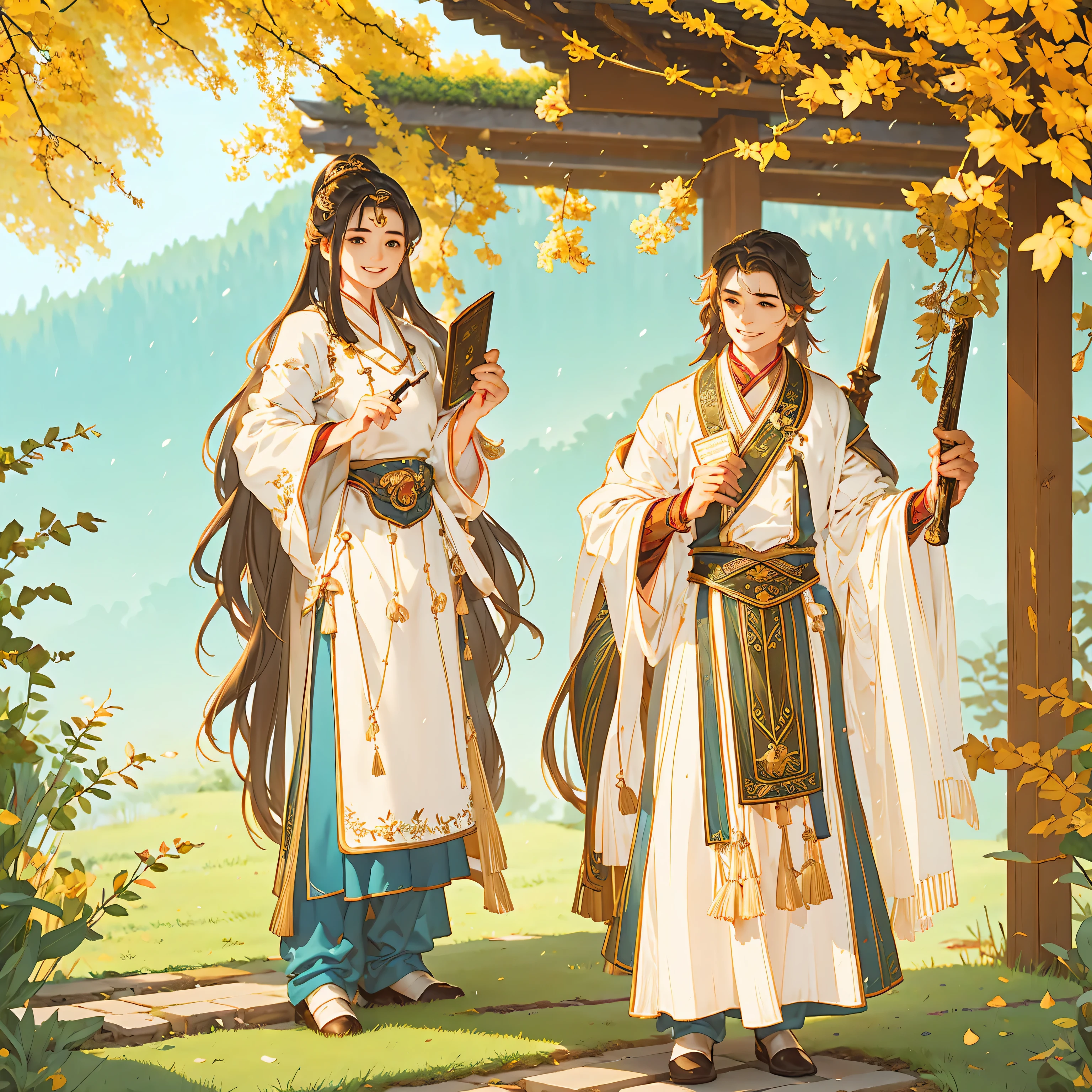 Man holding a sword and woman holding a medical book,Wearing traditional costume,Warmth and happiness。Bright colors,,antiquity