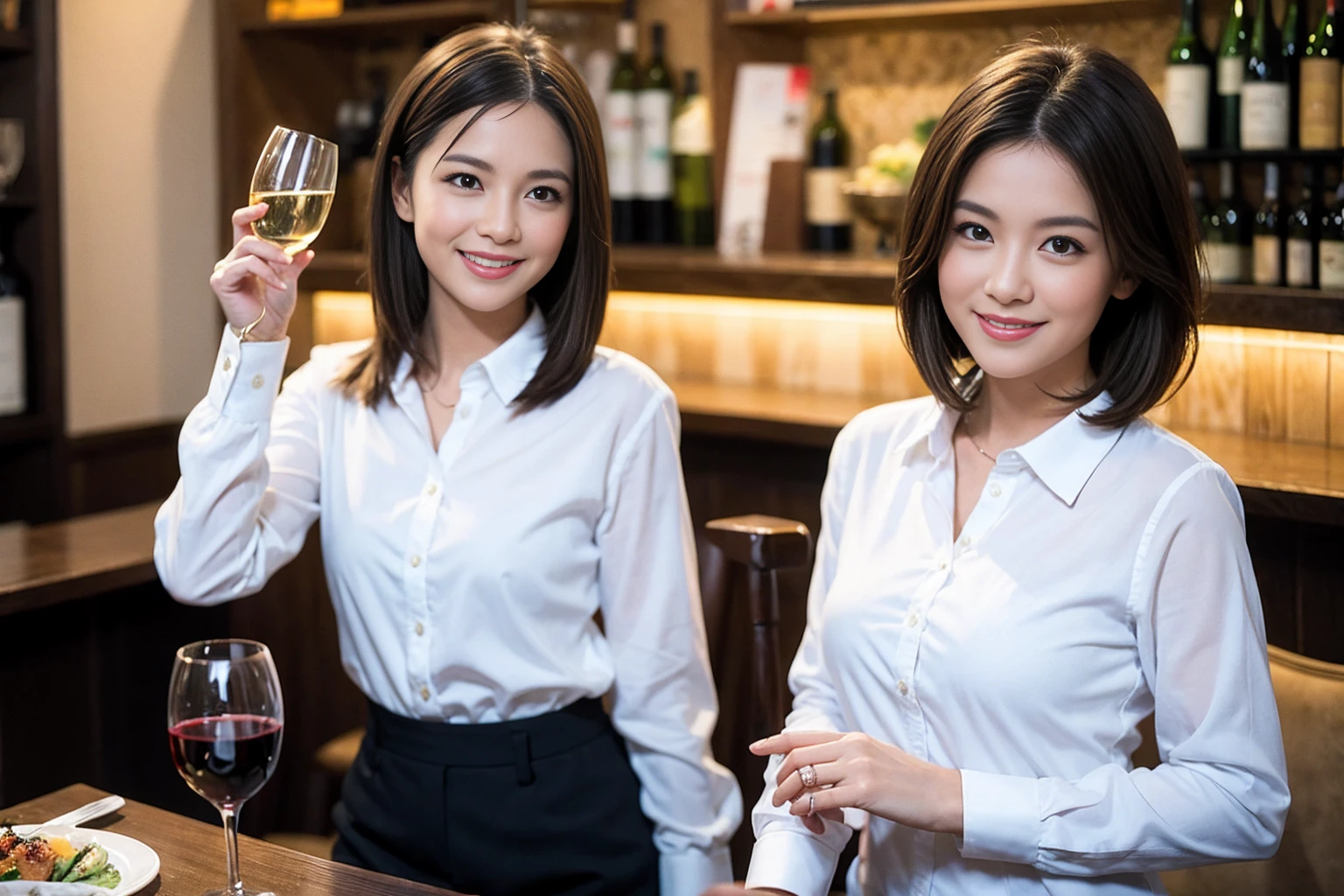 ((Highest quality、8K、masterpiece:1.3))、1 male、1 female、石原さとみ似Couple、spouse、Couple、The body is slim、((Bob Hale、Straight hair:1.2)), (Realistic, Intricate details:1.2), テーブルの上のwine glass、Put the light on your face、 Amazing view of the sunset sky and clouds、Amazing mountain views、A bright smile、The wonderfulness of smile、Bright image、The beauty of wine, Beautiful Face, blue eyes, The light shines on your face, Blushing, short hair,Bright Face、 (Age 37), 39 years old, red wine 、Appetizers、Italian food、Wine bottle、Champagne、sparkling wine、Two beauties、Brown Hair、Shortcuts、Long sleeve shirt、dress、Beautiful woman 1, (slimな顔), (The body is slim), (Brown Hair), (Shortcuts), cheeks turn a little red,Attractive beauty、restaurant, In a prominent place (From the waist up) Nova Frog Style, actress, model, Upper Body, White wine, slim, wine glass, 中央に置かれたwine glass, smile, (smile: 1.15), Beautiful fine grain, Depth f/2,saturation, High Contrast, Strong light and shadow,Moist Body:1.5、3D texture、Delicate eyes、Brown Hair、The hair is very shiny、