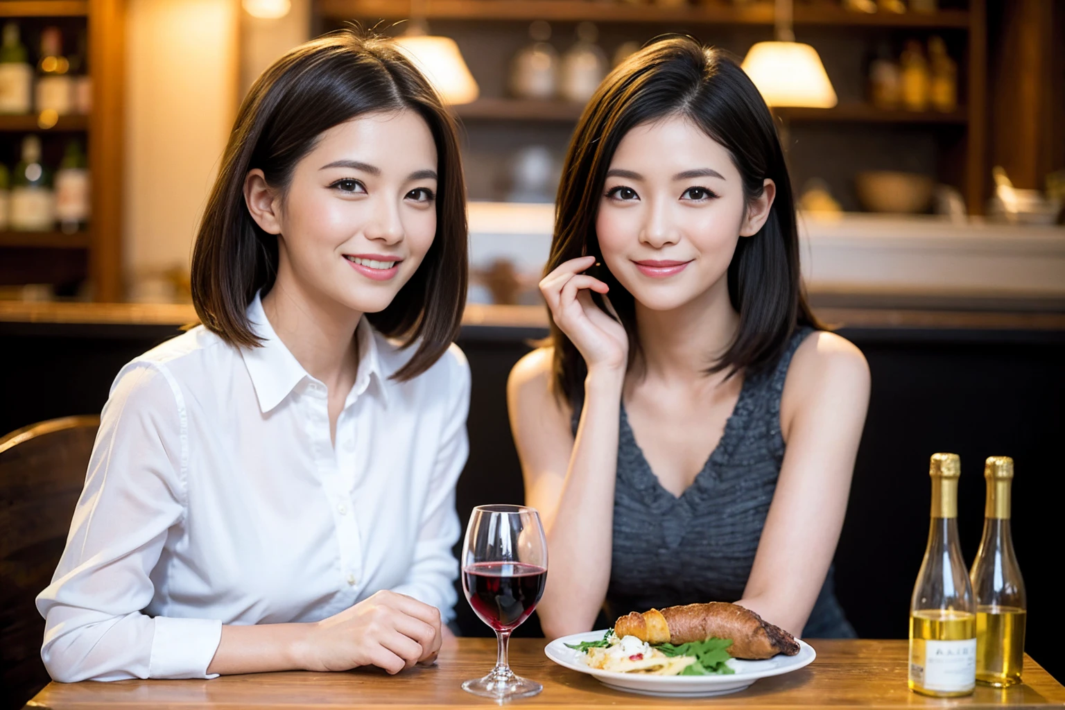 ((Highest quality、8K、masterpiece:1.3))、1 male、1 female、石原さとみ似Couple、spouse、Couple、The body is slim、((Bob Hale、Straight hair:1.2)), (Realistic, Intricate details:1.2), テーブルの上のwine glass、Put the light on your face、 Amazing view of the sunset sky and clouds、Amazing mountain views、A bright smile、The wonderfulness of smile、Bright image、The beauty of wine, Beautiful Face, blue eyes, The light shines on your face, Blushing, short hair,Bright Face、 (Age 37), 39 years old, red wine 、Appetizers、Italian food、Wine bottle、Champagne、sparkling wine、Two beauties、Brown Hair、Shortcuts、Long sleeve shirt、dress、Beautiful woman 1, (slimな顔), (The body is slim), (Brown Hair), (Shortcuts), cheeks turn a little red,Attractive beauty、restaurant, In a prominent place (From the waist up) Nova Frog Style, actress, model, Upper Body, White wine, slim, wine glass, 中央に置かれたwine glass, smile, (smile: 1.15), Beautiful fine grain, Depth f/2,saturation, High Contrast, Strong light and shadow,Moist Body:1.5、3D texture、Delicate eyes、Brown Hair、The hair is very shiny、