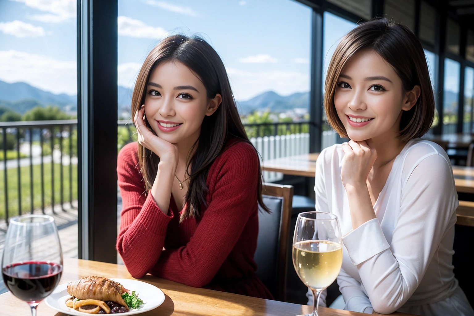 ((Highest quality、8K、masterpiece:1.3))、1 male、1 female、石原さとみ似Couple、spouse、Couple、The body is slim、((Bob Hale、Straight hair:1.2)), (Realistic, Intricate details:1.2), テーブルの上のwine glass、Put the light on your face、 Amazing view of the sunset sky and clouds、Amazing mountain views、A bright smile、The wonderfulness of smile、Bright image、The beauty of wine, Beautiful Face, blue eyes, The light shines on your face, Blushing, short hair,Bright Face、 (Age 37), 39 years old, red wine 、Appetizers、Italian food、Wine bottle、Champagne、sparkling wine、Two beauties、Brown Hair、Shortcuts、Long sleeve shirt、dress、Beautiful woman 1, (slimな顔), (The body is slim), (Brown Hair), (Shortcuts), cheeks turn a little red,Attractive beauty、restaurant, In a prominent place (From the waist up) Nova Frog Style, actress, model, Upper Body, White wine, slim, wine glass, 中央に置かれたwine glass, smile, (smile: 1.15), Beautiful fine grain, Depth f/2,saturation, High Contrast, Strong light and shadow,Moist Body:1.5、3D texture、Delicate eyes、Brown Hair、The hair is very shiny、