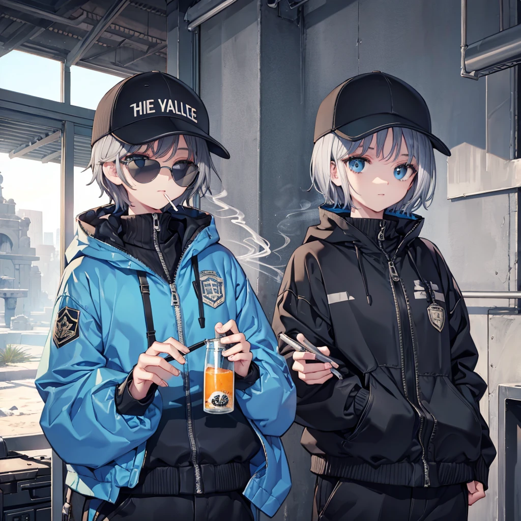 (((Smoke a cigarette Wear sunglasses Security Officer Wear a hat 1 person))) (((Gray Hair Short Hair blue eyes girl))),((noon wilderness In the middle of the desert)),(Shining Sun Rolling Skull), Shining Background Shining Edge