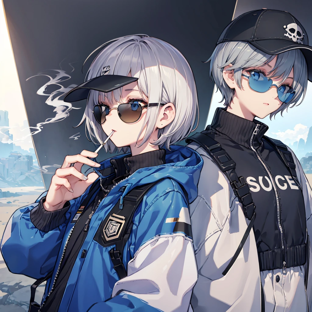 (((Smoke a cigarette　Wear sunglasses　Security Officer　Wear a hat　1 person)))　(((Gray Hair　Short Hair　blue eyes　girl)))，((noon　wilderness　In the middle of the desert))，(Shining Sun　Rolling Skull)，　Shining Background　Shining Edge