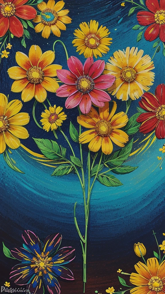 a painting of flowers with a blue background and a yellow border, magical colorful flowers, rich flower colors, detailed flowers, colored flowers, colorful flowers, magical flowers, swirling flowers, floral flowers colorful, beautiful and colorful, vibrant and rich colors, beautiful colorful, colourful flowers, beautiful vibrant colors, with colored flowers, brightly colored flowers, intricate colors