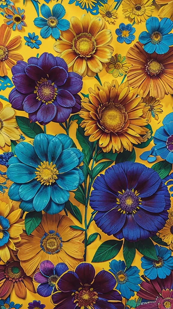 a painting of flowers with a blue background and a yellow border, magical colorful flowers, rich flower colors, detailed flowers, colored flowers, colorful flowers, magical flowers, swirling flowers, floral flowers colorful, beautiful and colorful, vibrant and rich colors, beautiful colorful, colourful flowers, beautiful vibrant colors, with colored flowers, brightly colored flowers, intricate colors