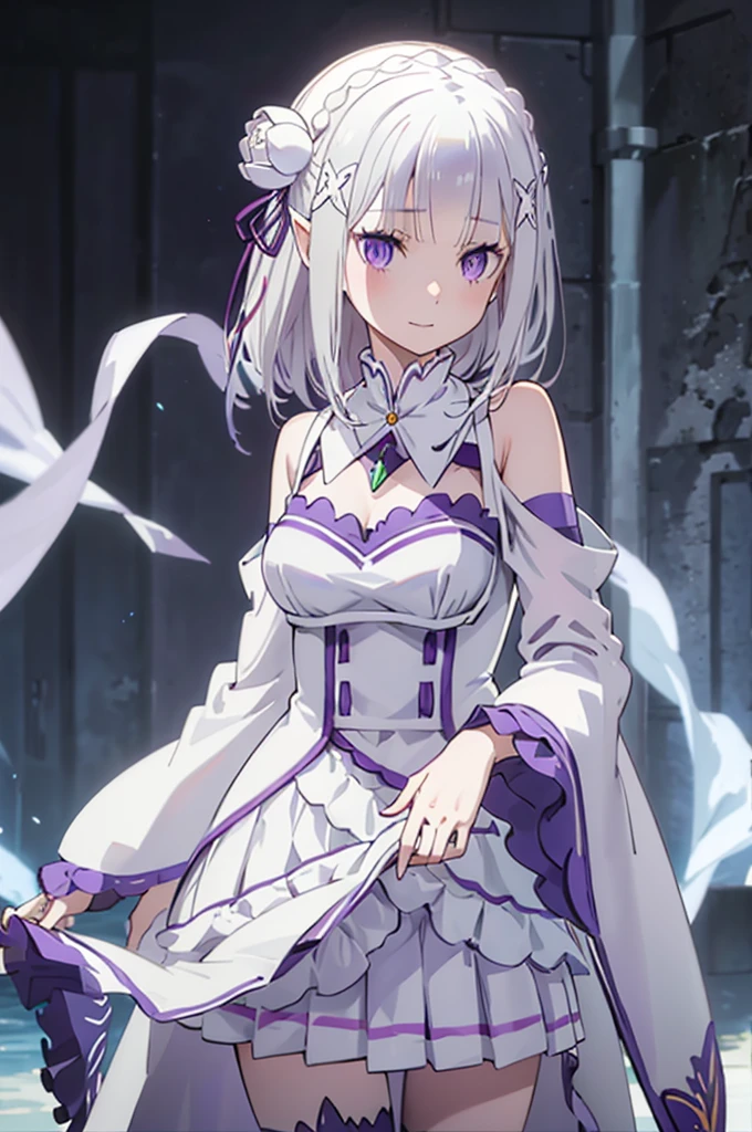 emilia, 
Rezero emilia, 
1girl, 
best illustration, masterpiece, best quality, (anime screencap:0.8), (official art:0.7), detailed beautiful face and eyes, nice hands, perfect hands, BREAK long hair, low-tied long hair, braid, crown braid, animate, anime keyvisual, white hair, (detail focus hand:1.2), 
(purple eyes:1.2), (beautiful detailed eyes:1.6),
looking at viewer, 
pointy ears,
BREAK smile, 
dress, pink dress, BREAK bare shoulders, detached collar, long sleeves, shoulder cutout, wide sleeves, white sleeves, 
medium breasts, 
zettai ryouiki, 
flower, hair flower, hair ornament, hair ribbon,   white flower, x hair ornament,
cowboy shot ,
perfect lighting,
background of indoor, 