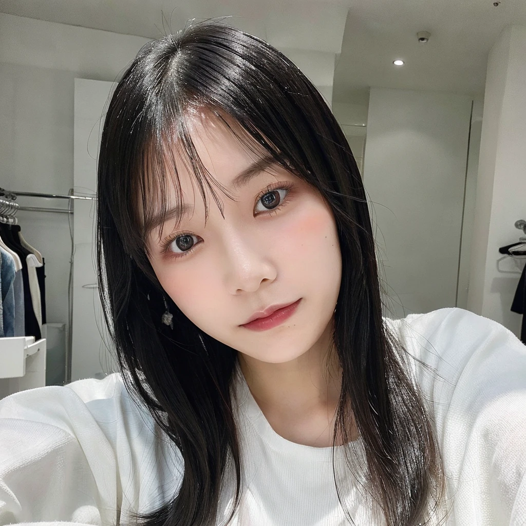 whiteroom, 1 person, Japanese woman, model's expression, look at the camera, 28yo, H cup, silver ratio, cute, middle black hair, working in the fashion industry
, model, Dimples on both cheeks, Mole on left cheek,