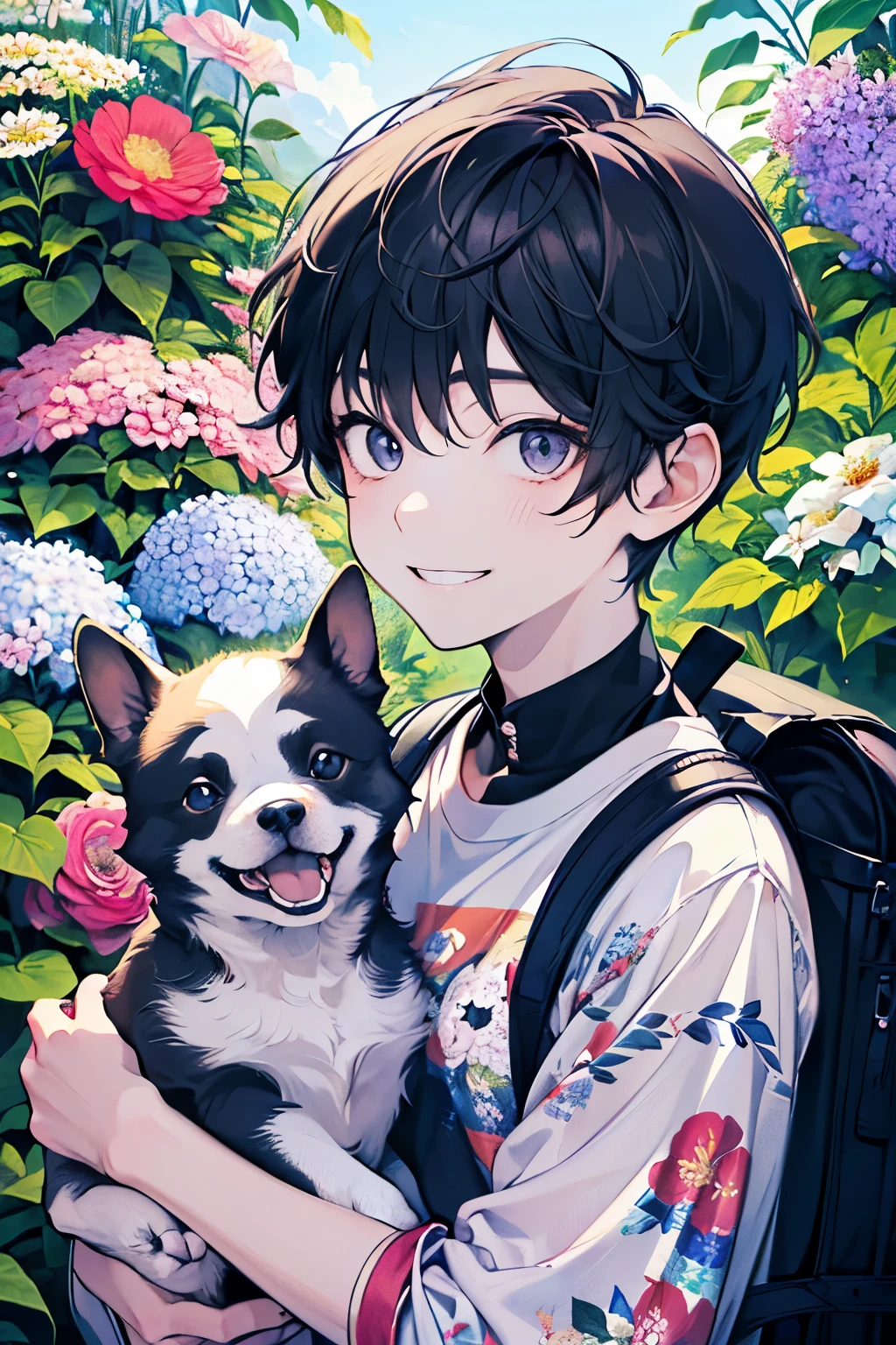 ((kids:1.1)),((A boy about :1.2)),((Shota:1.2)),(Oversized floral T-shirt:1.35),Prompt: An incredibly charming carrying a backpack, accompanied by her adorable puppy, enjoying a lovely spring outing surrounded by beautiful flowers and natural scenery. The illustration is in high definition at 4k resolution, with highly-detailed facial features and cartoon-style visuals,((A big smile:1.25)).