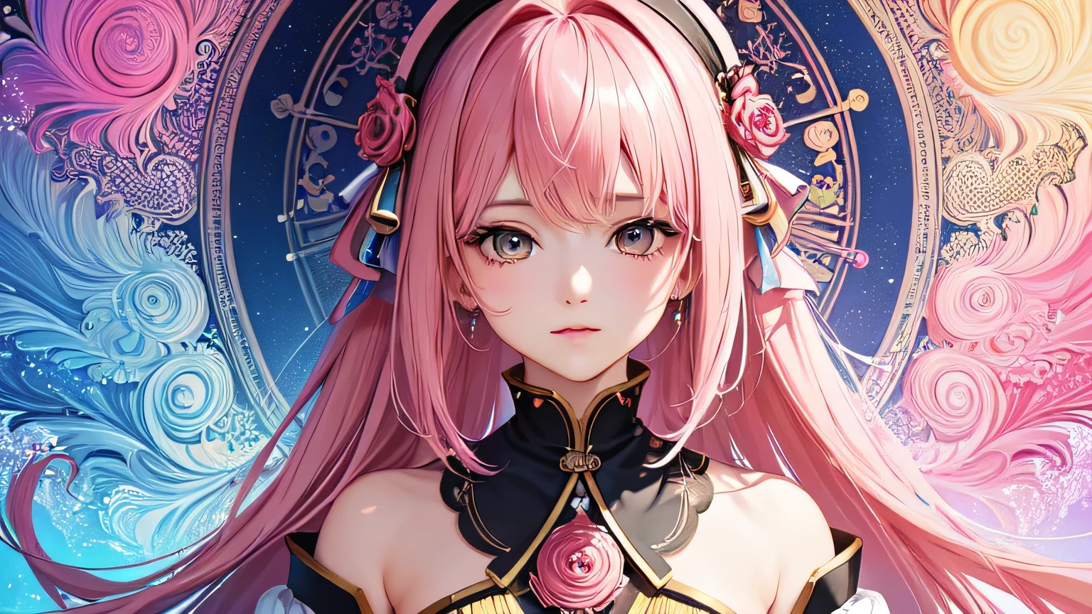 (masterpiece, Highest quality, Highest quality, Official Art, beautifully、aesthetic:1.2), (One girl), Very detailed,(Fractal Art:1.3),colorful,Most detailed、Pink Hair。ヘッドフォンI'm wearing。In the background, a Japanese streetscape with faint lanterns is depicted.、In the foreground is a woman in gorgeous traditional Japanese clothing.。her hair is pink、Gorgeous hair ornament(Red and green flowers、Golden ornament)I'm wearing。Her eyes are gold and red、Her eyes are highlighted with bright pink eyeshadow.。Her lips turned red、slightly shiny。The woman is holding a long, thin tobacco pipe in one hand.(Kiseru)Have、Looking towards the camera。The kimono features traditional floral patterns.、The overall atmosphere is fantastic and beautiful.。