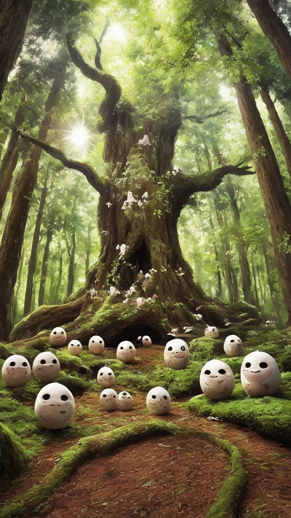 A large ancient tree in a mystical forest with multiple kodama, Japanese tree spirits, scattered around. Some kodama are perched on the branches of the tree, while others are on the forest floor. The kodama have white, slightly translucent bodies, round heads with black holes for eyes and mouth, and simple, friendly expressions. They have very slim bodies matching the reference image. The forest is dense with tall, ancient trees, glowing ethereal lights, and an enchanted atmosphere. The dappled sunlight filtering through the leaves adds to the mystical and serene feeling. The image should be in a 9:16 aspect ratio.
