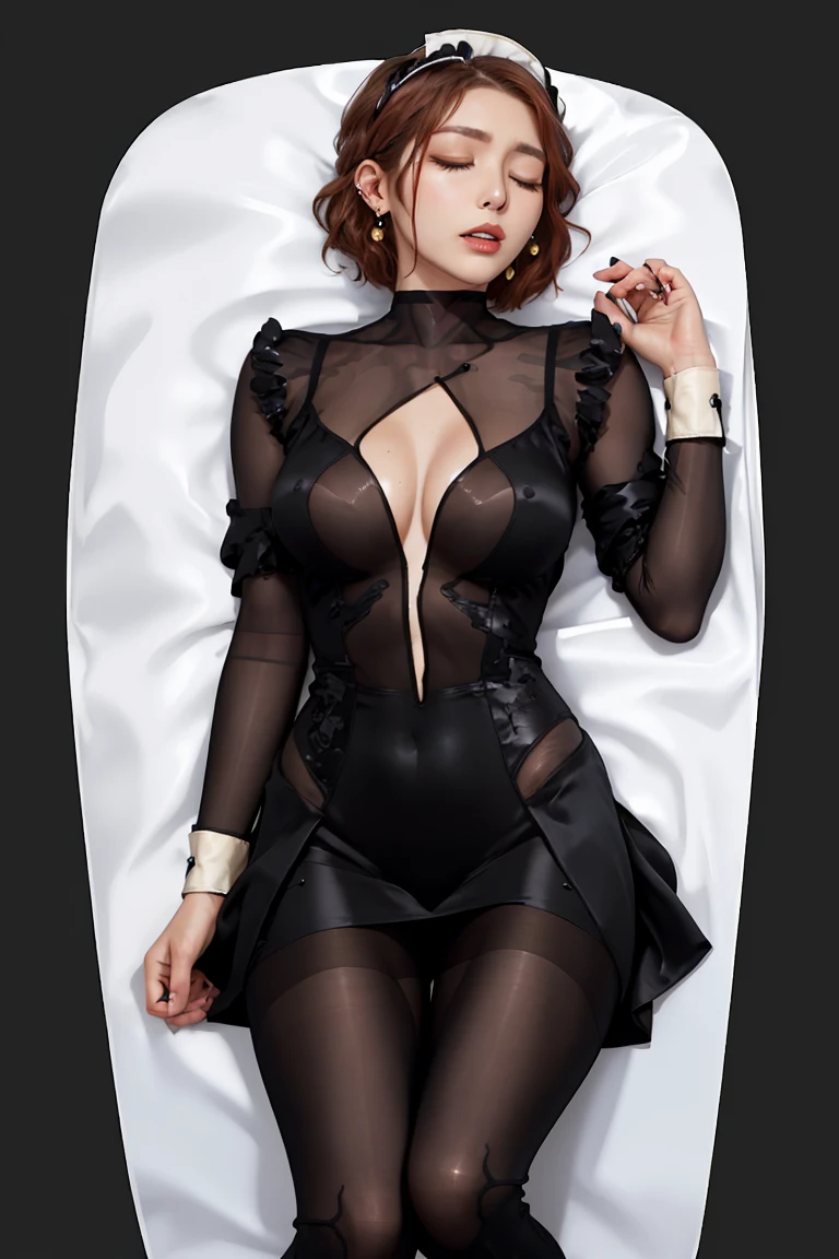 1 beautiful woman sleep and drooling on bus, perky breasts, ample cleavage, round and firm breasts, perfectly shaped bust, (She is wearing maid attire/(black silk fabric without skirt/(extremely transparent:1.3)/maid's headdress:1.5), (She wears an extremely tight suit:1.7), beautiful face, aroused expression, seductive, intense makeup, (Realistic red hair), (short wavy hair, bob cut, earrings), white boots, eyes closed, mouth open, lying asleep on the bus, open legs