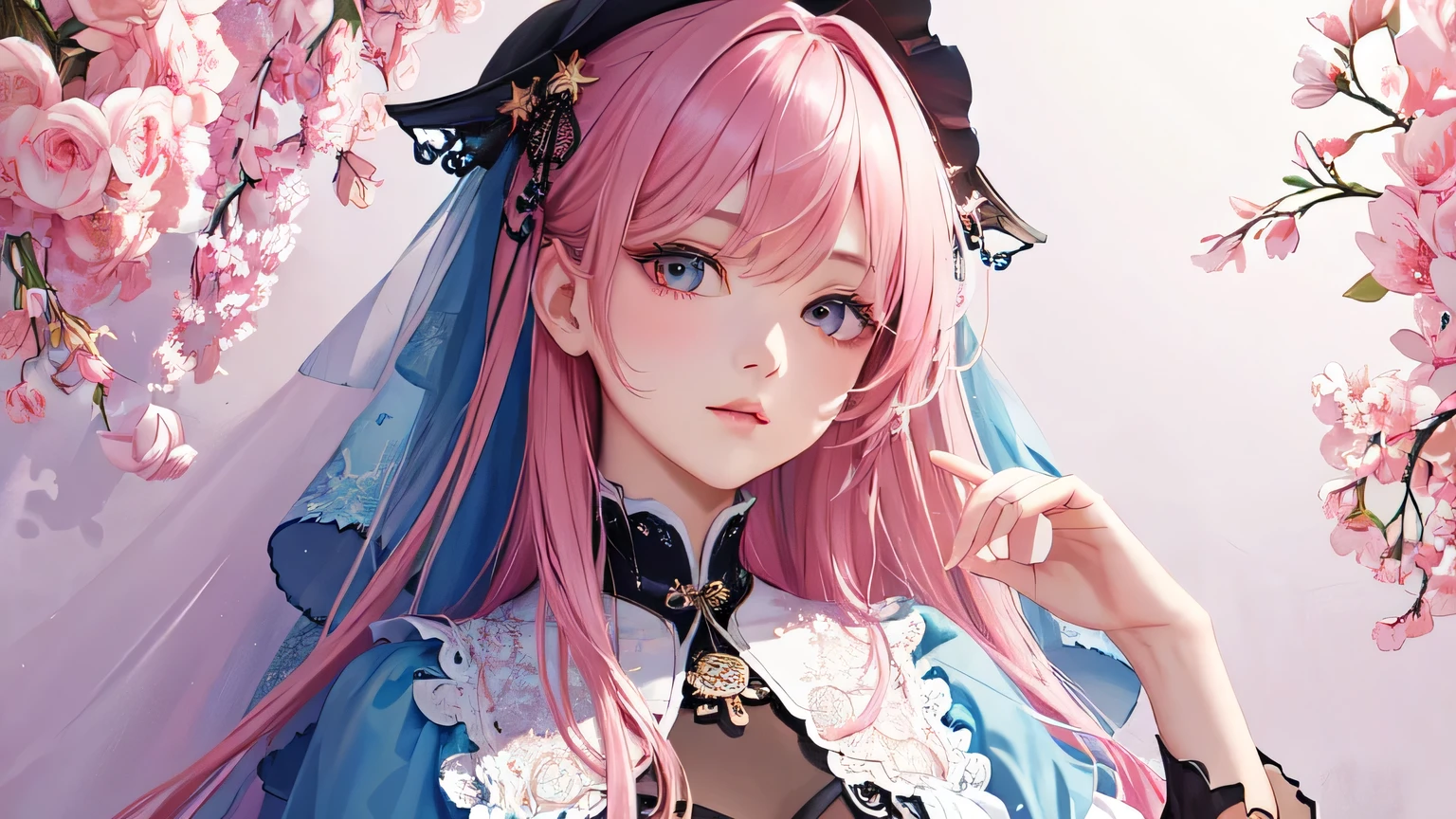 (masterpiece, Highest quality, Highest quality, Official Art, beautifully、aesthetic:1.2), (One girl), Very detailed,(Fractal Art:1.3),colorful,Most detailed、Pink Hair。ヘッドフォンI'm wearing。In the background, a Japanese streetscape with faint lanterns is depicted.、In the foreground is a woman in gorgeous traditional Japanese clothing.。her hair is pink、Gorgeous hair ornament(Red and green flowers、Golden ornament)I'm wearing。Her eyes are gold and red、Her eyes are highlighted with bright pink eyeshadow.。Her lips turned red、slightly shiny。The woman is holding a long, thin tobacco pipe in one hand.(Kiseru)Have、Looking towards the camera。The kimono features traditional floral patterns.、The overall atmosphere is fantastic and beautiful.。