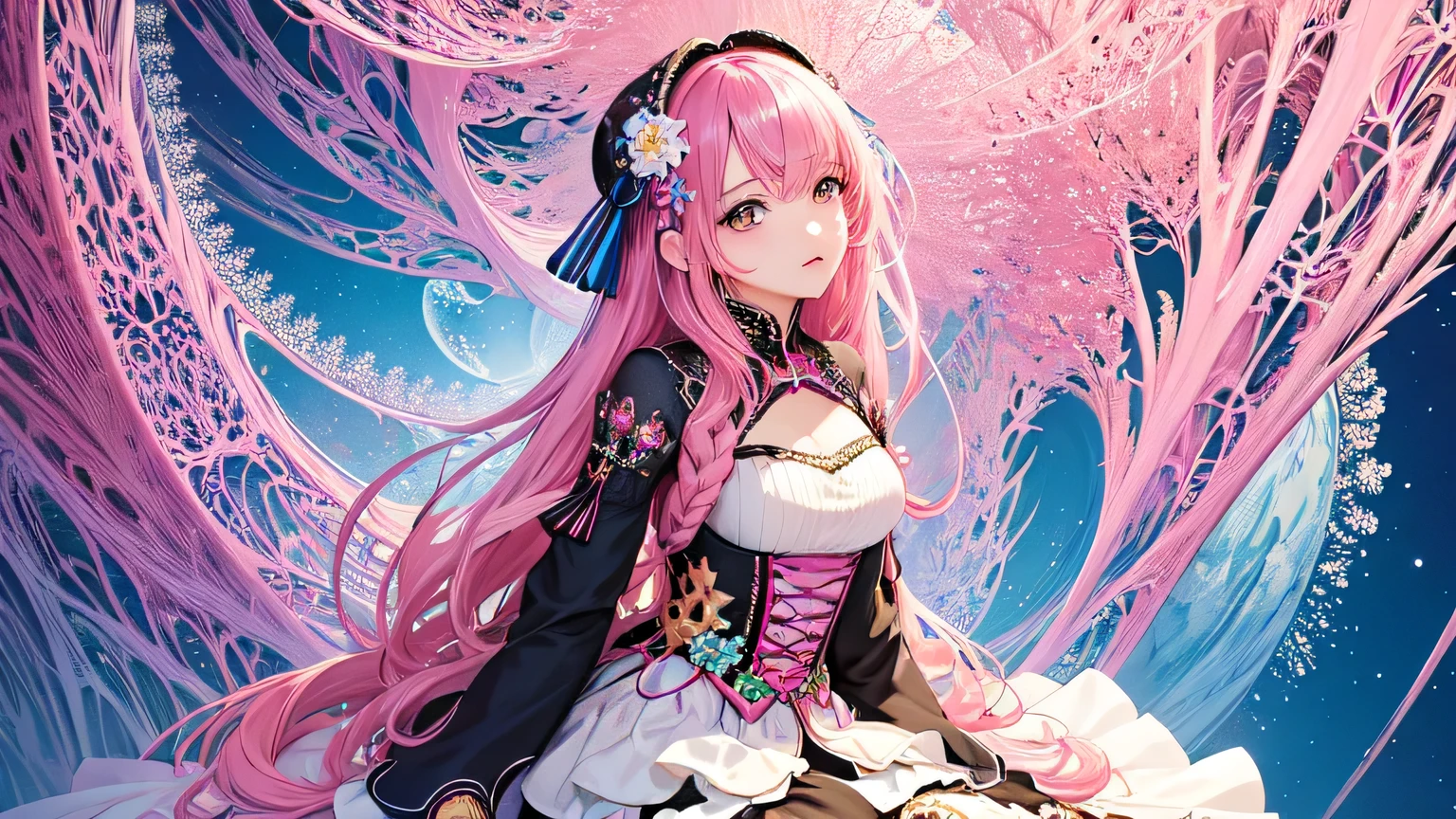 (masterpiece, Highest quality, Highest quality, Official Art, beautifully、aesthetic:1.2), (One girl), Very detailed,(Fractal Art:1.3),colorful,Most detailed、Pink Hair。ヘッドフォンI'm wearing。In the background, a Japanese streetscape with faint lanterns is depicted.、In the foreground is a woman in gorgeous traditional Japanese clothing.。her hair is pink、Gorgeous hair ornament(Red and green flowers、Golden ornament)I'm wearing。Her eyes are gold and red、Her eyes are highlighted with bright pink eyeshadow.。Her lips turned red、slightly shiny。The woman is holding a long, thin tobacco pipe in one hand.(Kiseru)Have、Looking towards the camera。The kimono features traditional floral patterns.、The overall atmosphere is fantastic and beautiful.。