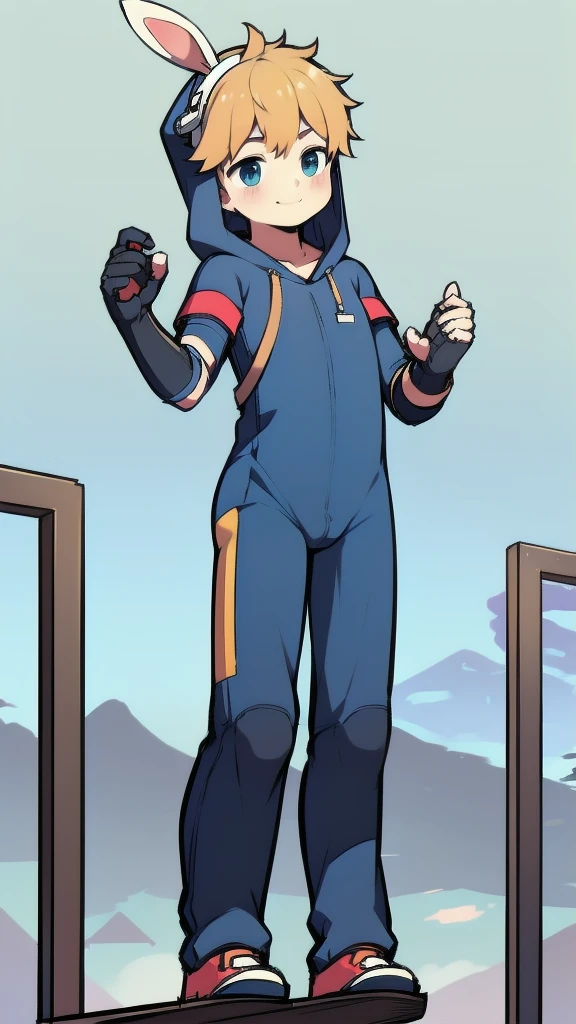 ((A boy)),(Youthful feeling),One-piece mountaineering suit,Slender figure,Healthy limbs,Goggles,Fingerless gloves,Cotton socks,Short sleeve,stand up,Smile,Rabbit ears,Rabbit Tail,hood