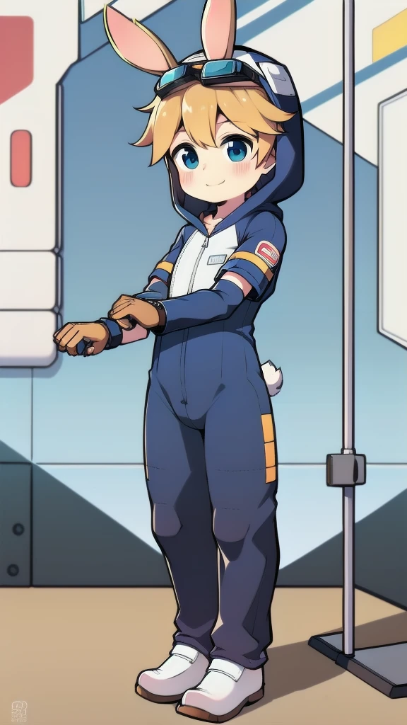((A young boy)),(Youthful feeling),One-piece mountaineering suit,Slender figure,Healthy limbs,Goggles,Fingerless gloves,Cotton socks,Short sleeve,stand up,Smile,Rabbit ears,Rabbit Tail,hood