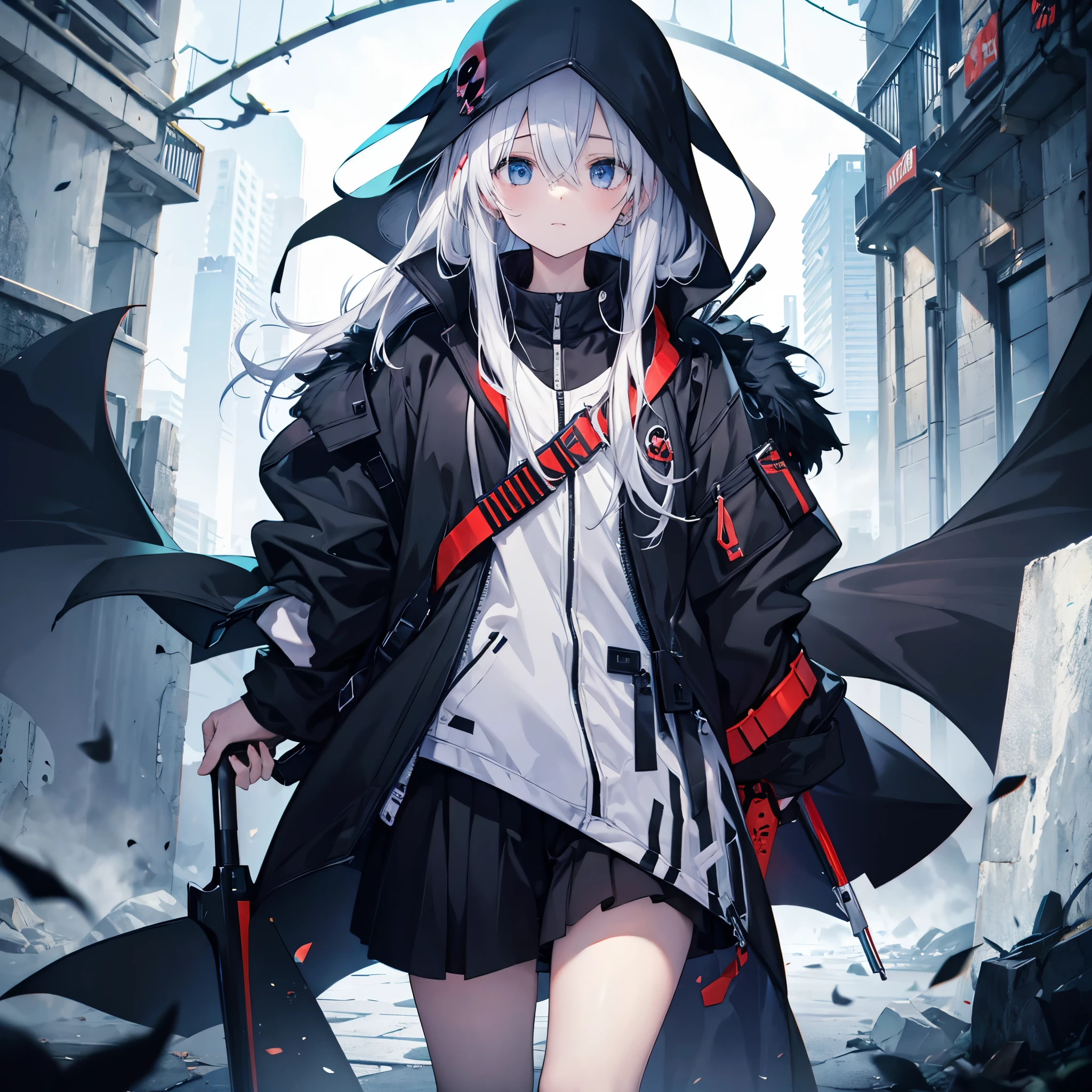 (((Grim Reaper&#39;s Scythe)))　(((Gray Hair　Short Hair　blue eyes　girl)))，((night　full moon　My own big wings))，(Wearing a hood　Black camisole　Purple light)，　A tense look　Shining Background　Shining Edge