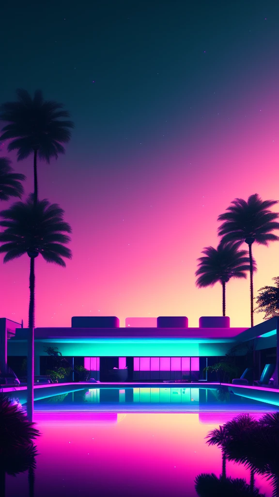 Vaporwave Aesthetic,glitched digital art,retro futuristic landscape,neon lights,sunset,Japanese characters,palm trees,80s style,chrome statues,low-polygon sculptures,lo-fi vibes,aesthetic vaporwave color palette: (best quality,4k,8k,highres,masterpiece:1.2),ultra-detailed,(realistic,photorealistic,photo-realistic:1.37),glowing lights,reflective surfaces,vintage VHS effects,tranquil atmosphere,synthwave music,indoor swimming pool,calm and dreamy ambiance,cityscape at dusk,surreal and nostalgic,smooth gradients,technological glitches,3D-rendered objects,pastel color scheme,vibrant and rich colors