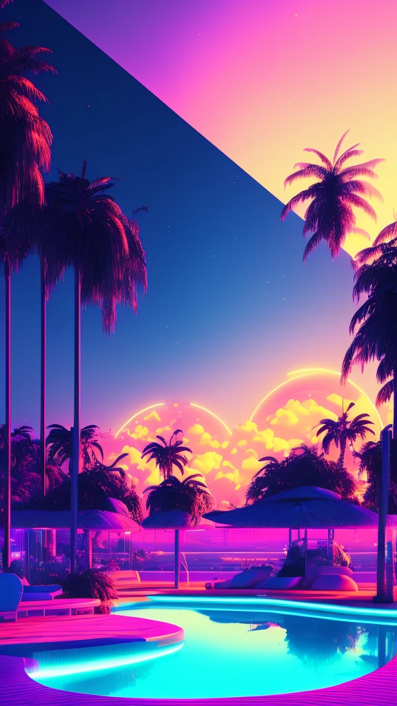 Vaporwave Aesthetic,glitched digital art,retro futuristic landscape,neon lights,sunset,Japanese characters,palm trees,80s style,chrome statues,low-polygon sculptures,lo-fi vibes,aesthetic vaporwave color palette: (best quality,4k,8k,highres,masterpiece:1.2),ultra-detailed,(realistic,photorealistic,photo-realistic:1.37),glowing lights,reflective surfaces,vintage VHS effects,tranquil atmosphere,synthwave music,indoor swimming pool,calm and dreamy ambiance,cityscape at dusk,surreal and nostalgic,smooth gradients,technological glitches,3D-rendered objects,pastel color scheme,vibrant and rich colors