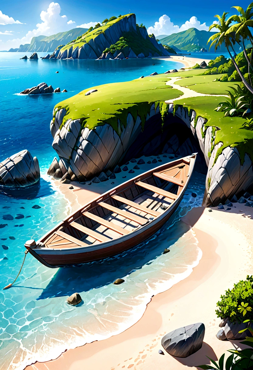 boat hidden in stones on an island beach