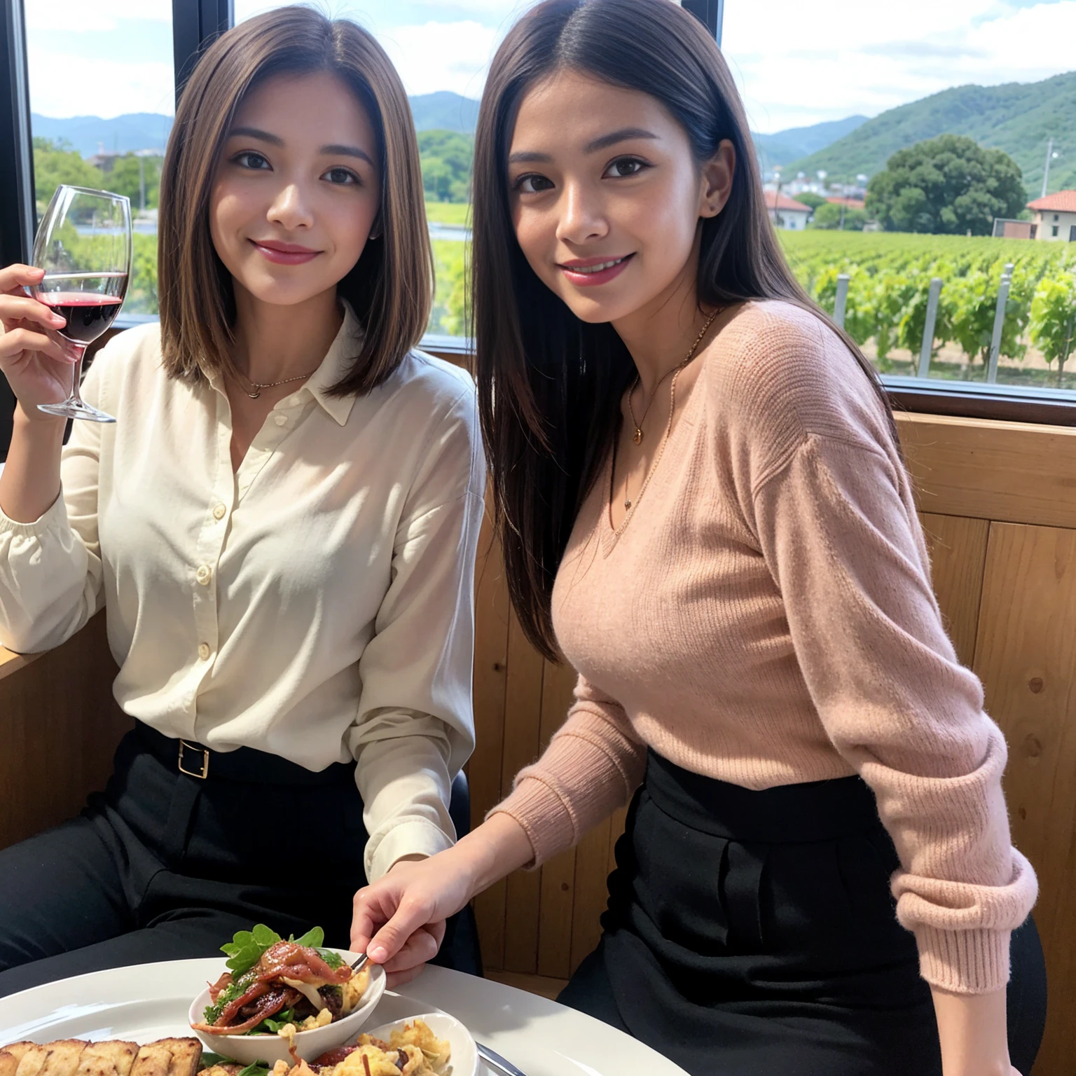 (Realistic:1.1),(masterpiece,Highest quality),8k,(45 years old), 42 years old, slimカップル、Model Couple、actress/actor、Tight waist,Upper Body,full-course dinner、wine 、Amazing view of the sunset sky and clouds、Perfect Anatomy, Brown Hair, short hair,Random Hairstyles,((Highly detailed face and eyes:1.2))(cute顔:1.4),美しいactressの顔,Perfect golden ratio face,Long sleeve shirt、dress,(smile:1.2)、Shortcuts、cute、(Realistic, Intricate details:1.2), A bright smile、short hair,Bright Face、赤wine 、Appetizers、Italian food、wine bottle、Champagne、スパークリングwine、(slimな顔), (The body is slim), (Brown Hair), (Shortcuts), Upper Body, 白wine, slim, wineグラス,